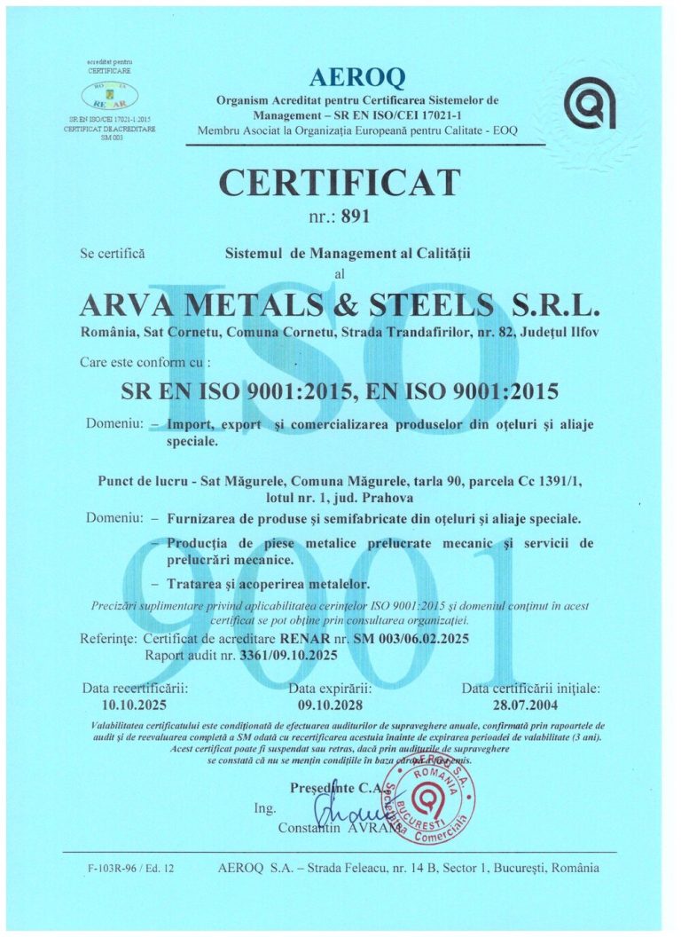 Certificat ISO 9001:2015 nr. 891 emis de AEROQ pentru ARVA Metals & Steels