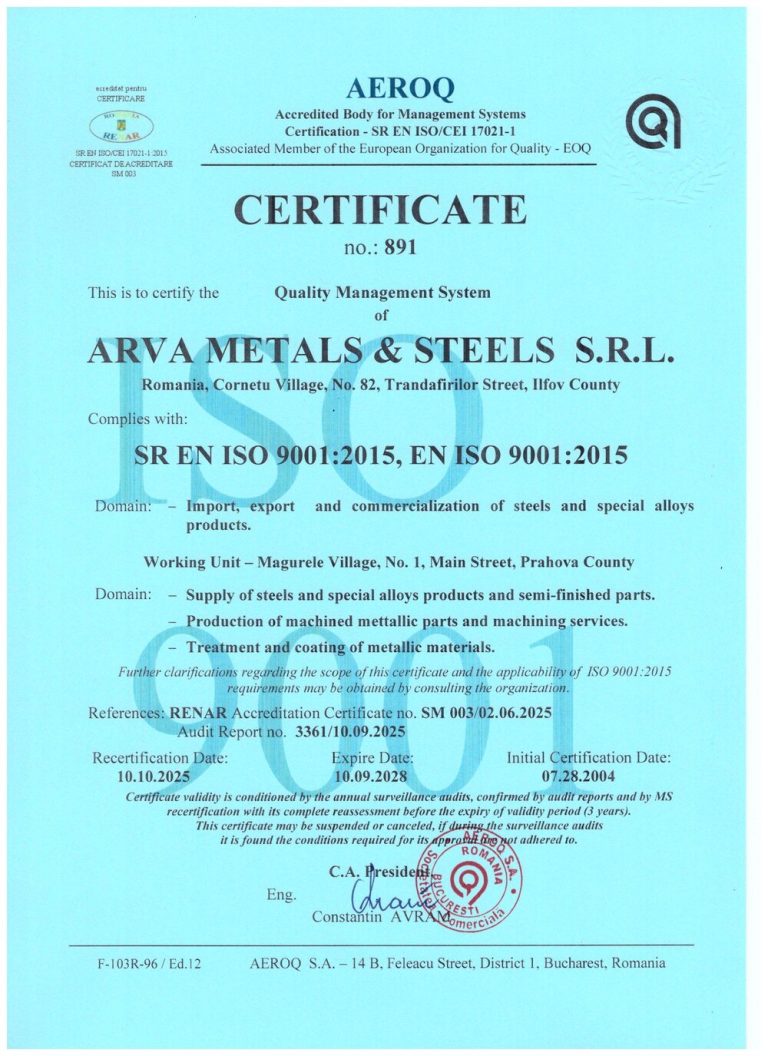 Certificatul ISO 9001:2015 nr. 891, versiunea în limba engleză